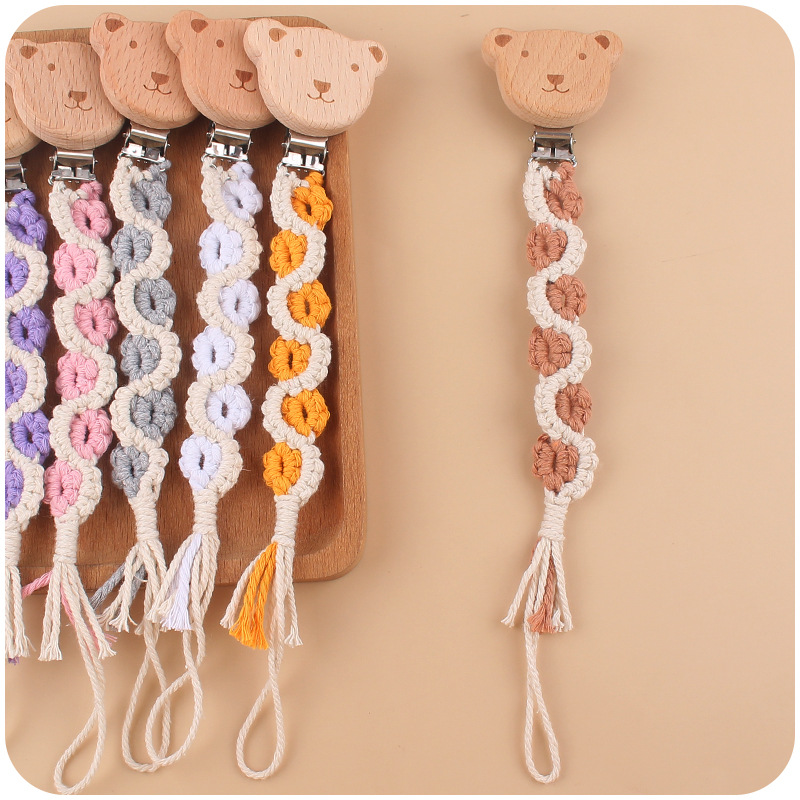 Bebé suministros de haya oso chupete clip calmante DIY bebé creativo artesanal algodón cuerda tejido chupete cadena
