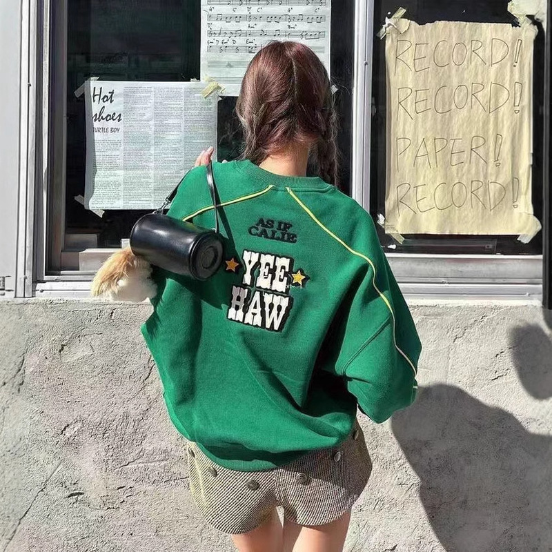 In Stock: Jennie Korean Designer 2025 American Harajuku Style Embroidered Letter Patchwork Sweatshirt for Women