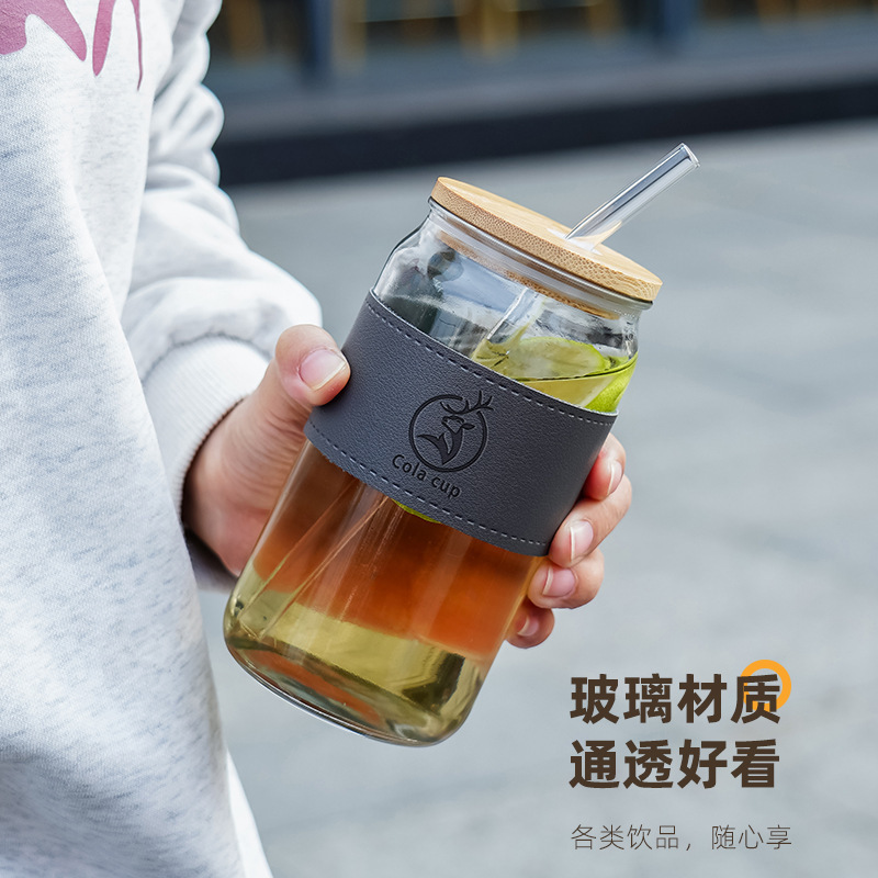 卸売りアマゾンストロー付き竹蓋皮カバー冷たい飲み物コーラジュースコーヒーカップ断熱単層ガラスコップ|undefined