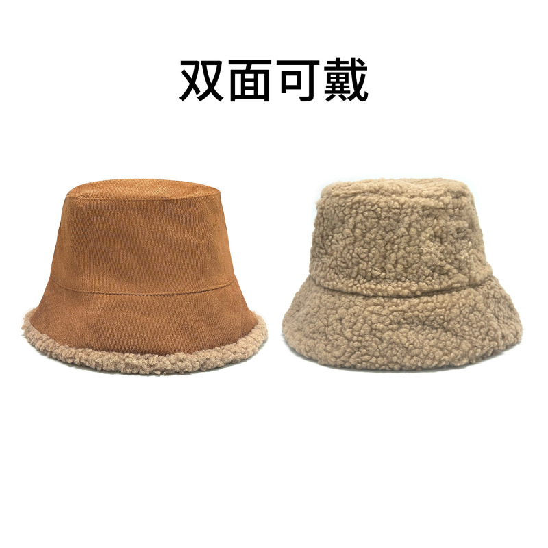 秋冬新款帽子女韩版灯芯绒渔夫帽保暖加厚桶帽双面戴羊羔绒盆帽|undefined