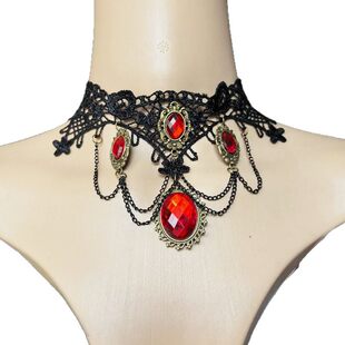 European and American exaggerated Halloween necklace cross-border jewelry Gothic ruby drop lace necklace earrings set