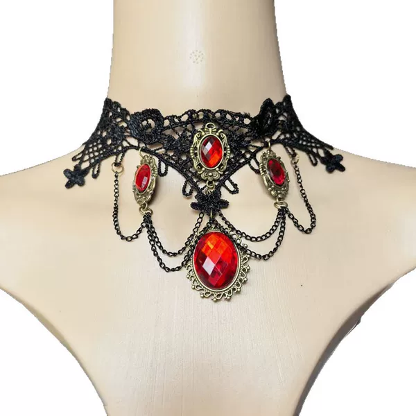 European and American Exaggerated Halloween Necklaces, Cross-Border Accessories, Gothic Ruby Water Drop Lace Necklace and Earring Set
