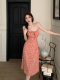 French Style Floral Lace-up Sling dress Women's Summer New Waist Slimming Mid-length Dress Red Holiday Style Dress