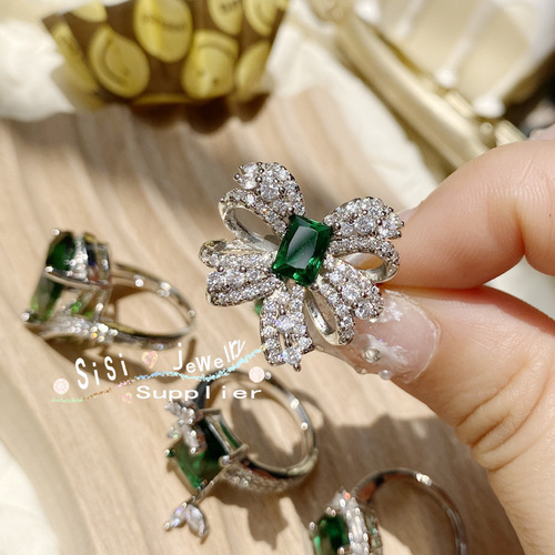 Sisi vintage malachite emerald ring 18K plated multi-faceted emerald zircon drop flower live mouth ring