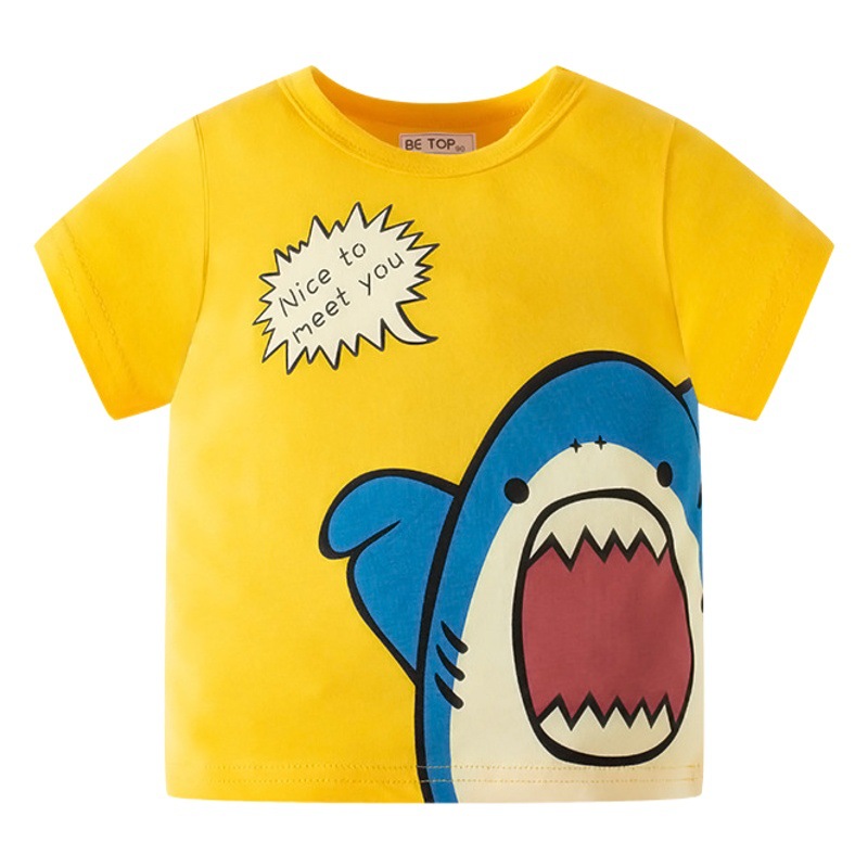 Verano estilo coreano nuevo tiburón de dibujos animados para niños impresión Camiseta de algodón para niños bebé superior ropa para niños entrega de una sola pieza
