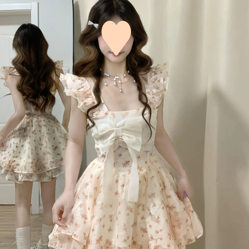 Французское платье принцессы с милым и свежим цветочным бантом, миниатюрная летняя пышная юбка для похудения талии
