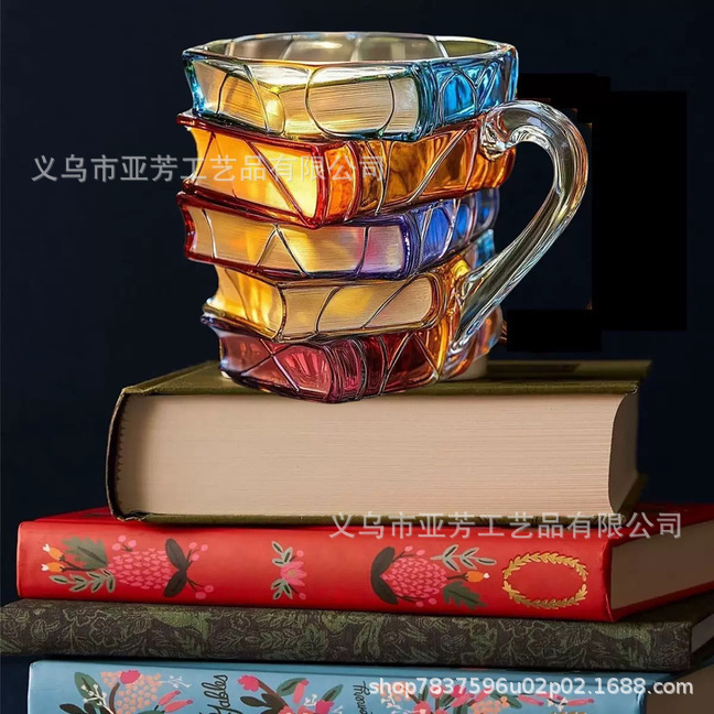 Popular Painted Glass Book Mug, Creative Book-Shaped Stacking Mug, Coffee Cup, Handmade