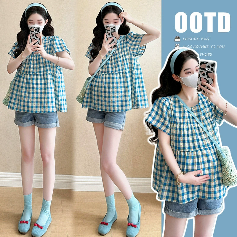 Топы для беременных, летняя новая модная синяя клетчатая свободная рубашка-кукла, летняя тонкая универсальная рубашка из хлопка и льна с короткими рукавами
