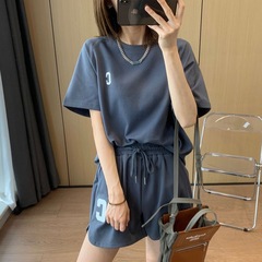 牛角袖レジャースポーツスーツ女装夏の薄い夏服ランニングファッション洋風半袖半ズボン2点セット