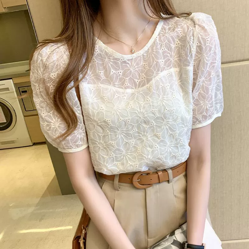 Летняя кружевная шелковая блузка для тела, плюс размер, puff sleeves, с коротким рукавом, корейский стиль