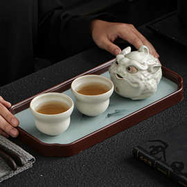 米黄汝窑金蟾茶壶陶瓷手抓壶一壶二杯可养茶宠摆件创意礼物伴手礼