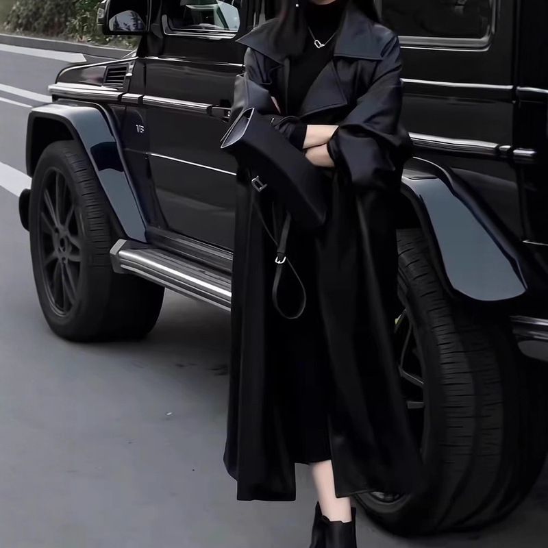 High-End Accessible Luxury Elegant Long Windbreaker Jacket for Women 2025 Autumn and Winter New Style Fleece-Lined Thickeneded Waist Pu Leather Coat