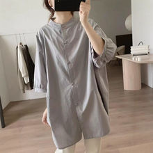 衬衫女夏季新款宽松显瘦中袖简约小众设计感半高领中长款上衣