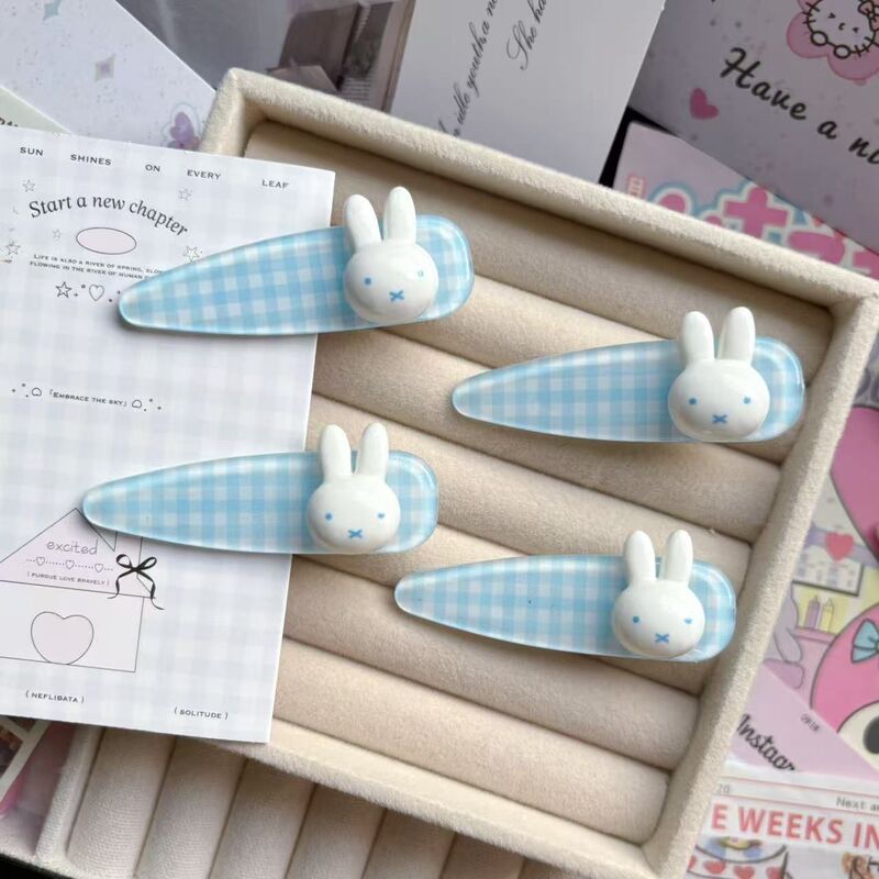Autumn New White Bunny Blue Plaid Water Drop Hairpin Japanese Style Sweet Girl Side Bangs Hairpin Hair Accessories