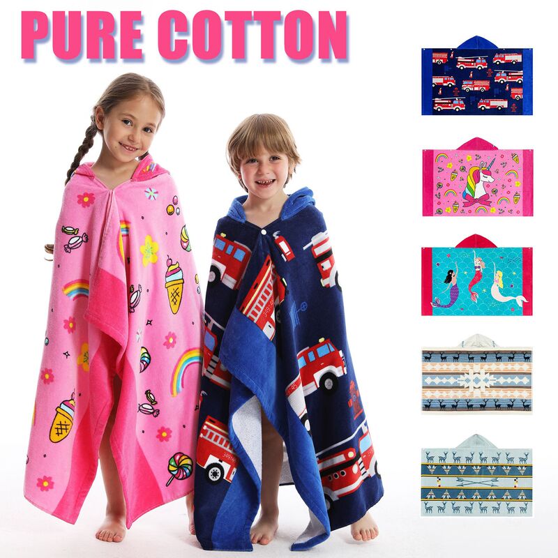 Amazon popular European and American cartoon soft beach swimming bath pure cotton children hooded cloak bath towel 76cm long