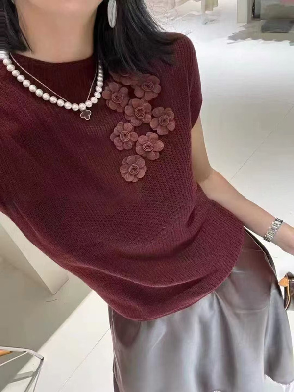 这一白法式立体花朵设计短袖细羊毛针织衫女2025秋季新款洋气上衣|undefined
