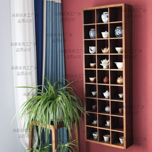 Black Walnut Lattice Rack Wall Old Elm Wood Storage Rack Tea Furniture Mortise and Tenon Wood Wax Oil Rack Duobaoge Porcelain Shelf