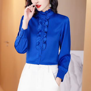 2025 New Women's Clothing Red Shirt for the Year of Birth, Fashionable Imitation Silk Shirt, Women's Fungus Collar Satin Top, Fashionable