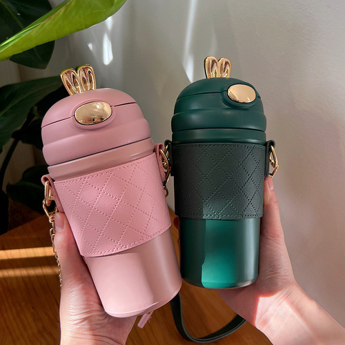 Internet celebrity cute angel bunny cup vacuum insulated cup for men and women water cup with pop-up lid stainless steel straw