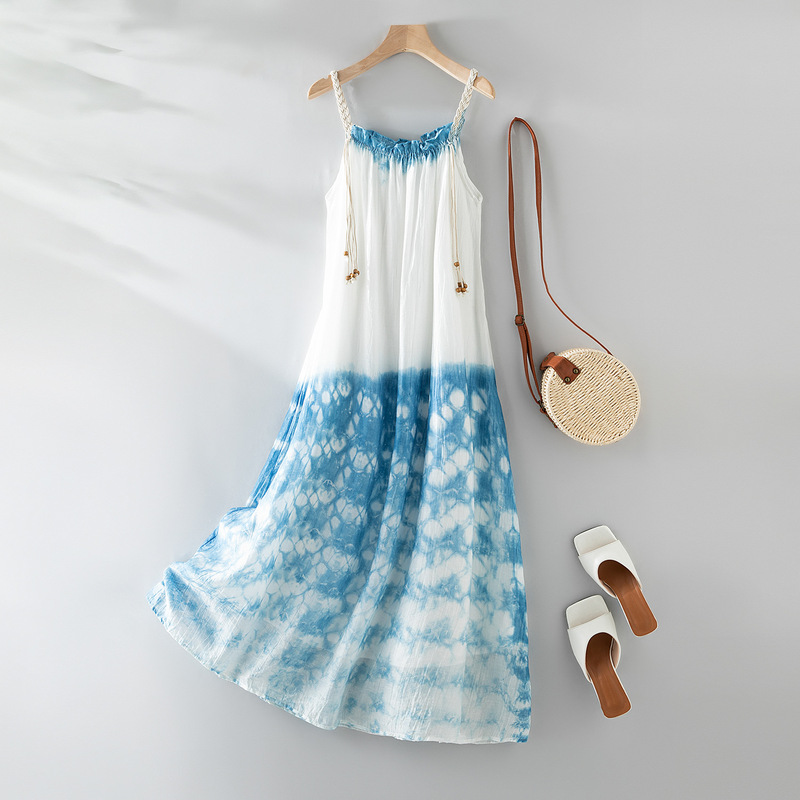 Yunnan Ancient Tie-Dye French Twist Braided Suspender Dress Women's Summer Design Beaded Tassel Mid-Length Skirt Yunnan Ancient Tie-Dye French Twist Braided Suspender Dress Women's Summer Design Beaded Tassel Mid-Length Skirt