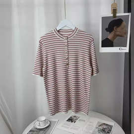 复古小香风羊毛混纺软糯弹力竖条纹理撞色门襟衫短袖女针织毛衣