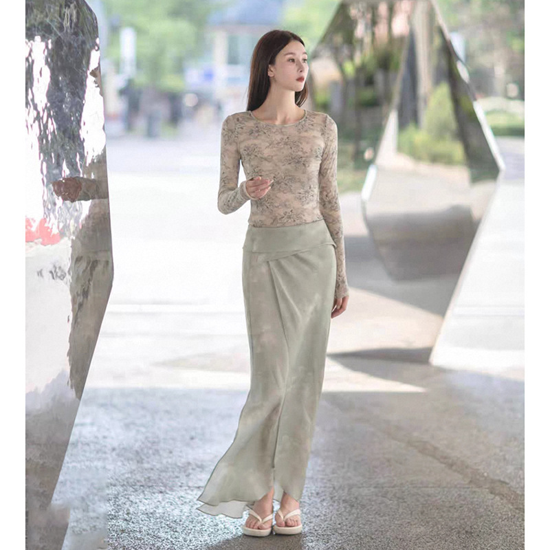 小众轻奢水墨印花修身微透打底衫上衣修身翻折斜裁半身裙长套装秋|undefined