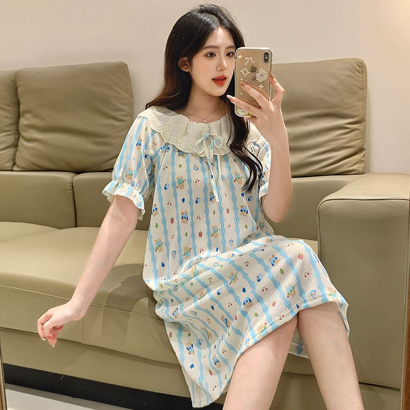Venta al por mayor transfronteriza verano nuevo pijama mujer imitación algodón arrugado manga corta camisón de longitud media encaje lindo y dulce servicio a domicilio
