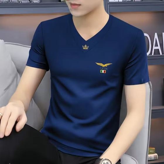2025 Summer New Blue Business T-shirt Teenage Students Men's Short Sleeve Ice Silk Top Clothing T-shirt Half Sleeve