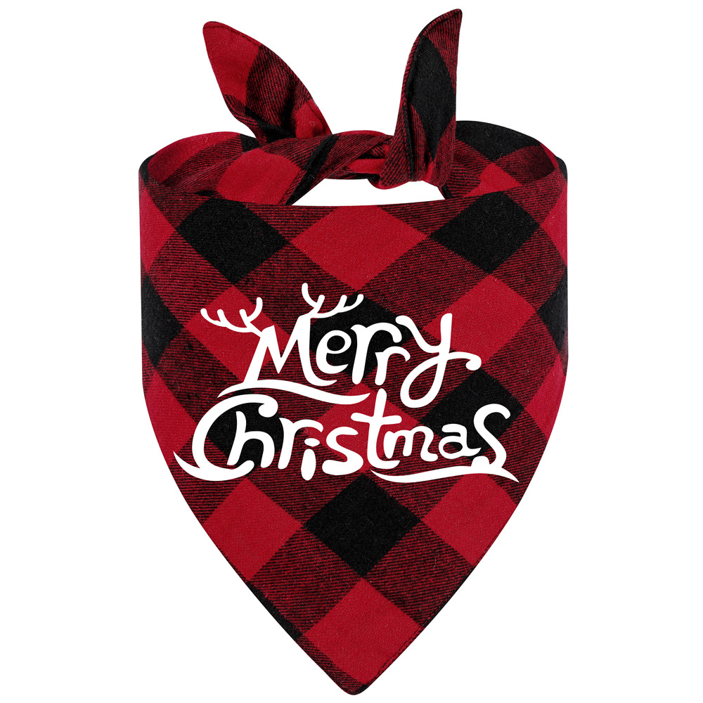 Nueva tela escocesa de algodón de doble capa transfronteriza Rojo Negro verde negro pequeño asta de Navidad Toalla de triángulo para mascotas Toalla de saliva para mascotas