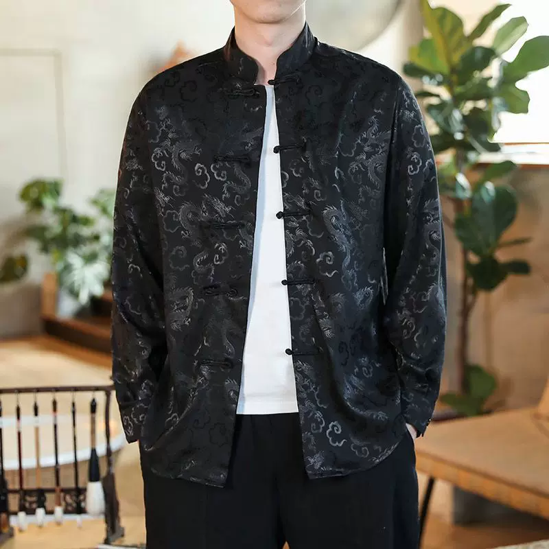 唐装男丝绸外套大码宽松中式立领夹克中山装中国风男装跨境专供