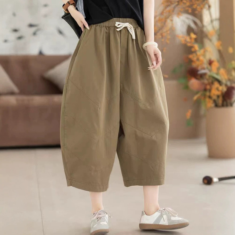 Summer New Cotton Lazy Style Loose Casual Cropped Pants with Elastic Waist, Thin and Skin-Friendly Harem Pants Casual Pants