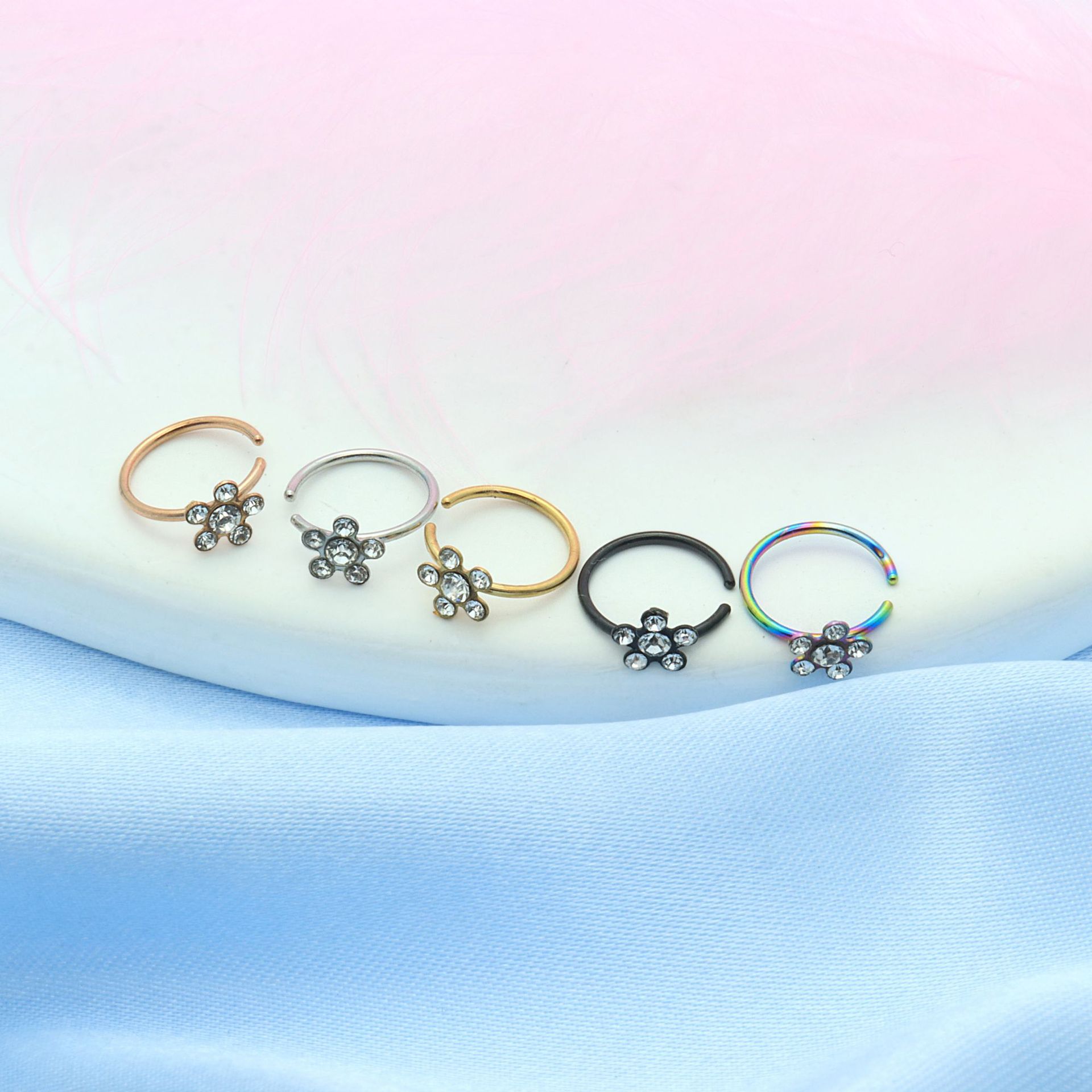 Wholesale stainless steel rose quartz nose ring with diamonds C-type nostril ring lip ring small earrings piercing jewelry from the source factory