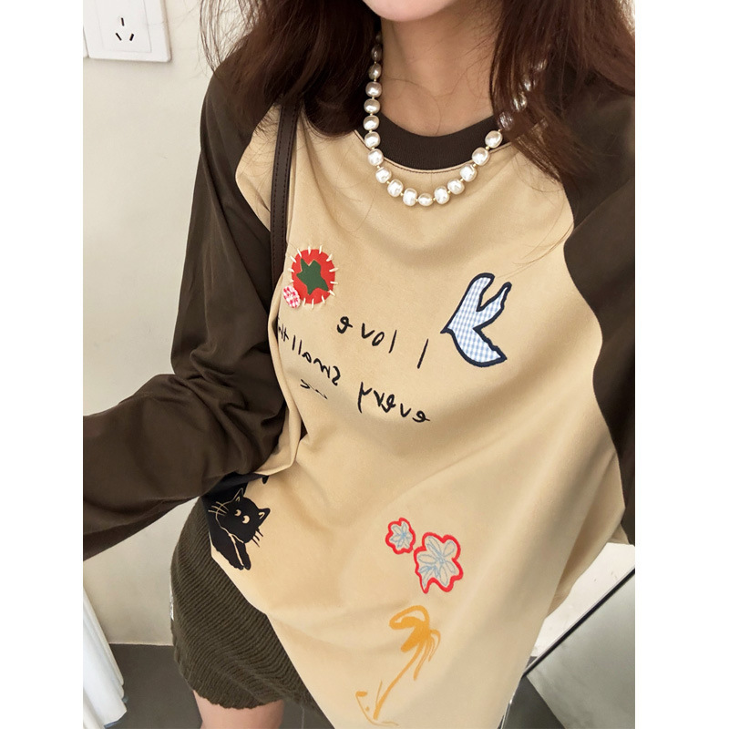 插肩撞色长袖t恤女早秋新款2025慵懒风宽松版上衣外穿设计感小众T|undefined