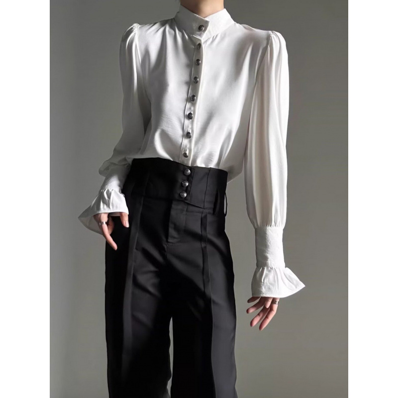 Court-Style Retro Stand-Collar Shirt with Unisex Design, Button Decoration, and Unique French-Style Sleeves