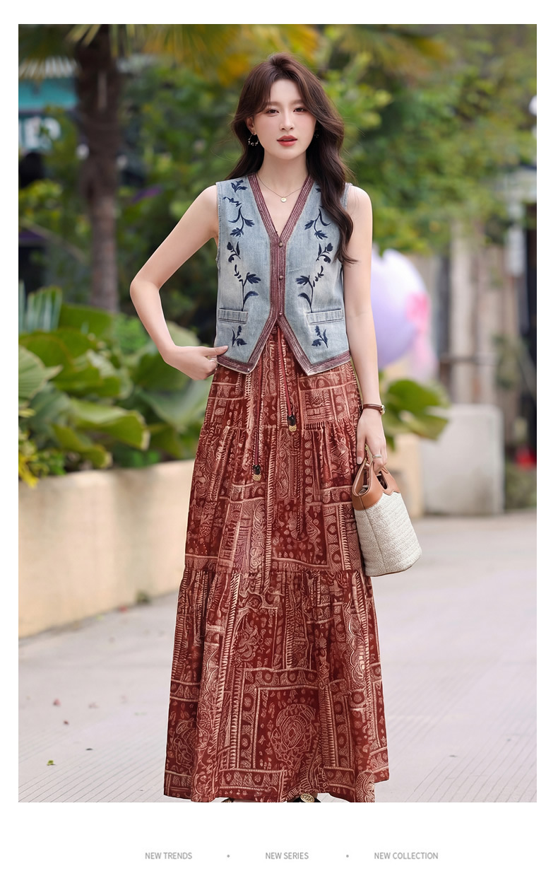 Set áo vest ren và chân váy midi hai mảnh nữ tính họa tiết thêu hoa — màu đỏ chi tiết 17