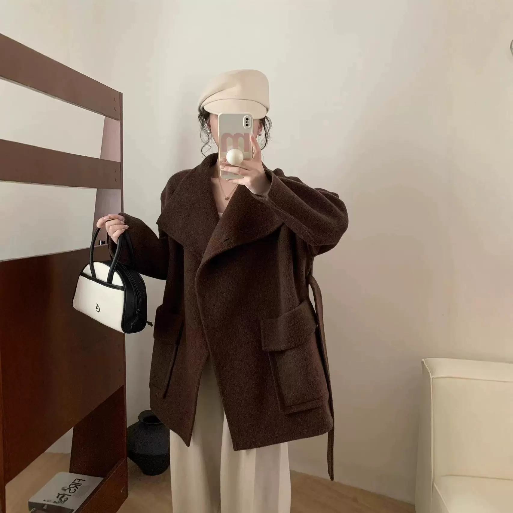 咖啡色双面羊毛大衣女中长款款2025冬新款高端羊毛小个子毛呢外套