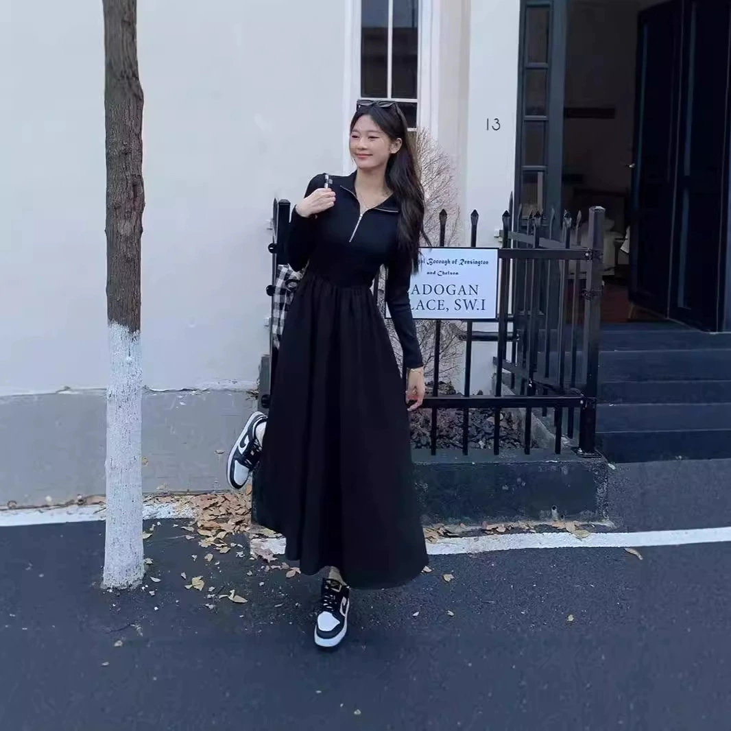 Женское черное трикотажное платье в стиле французского кэжуал с длинным рукавом, новинка ранней осени, облегающее длинное платье-юбка