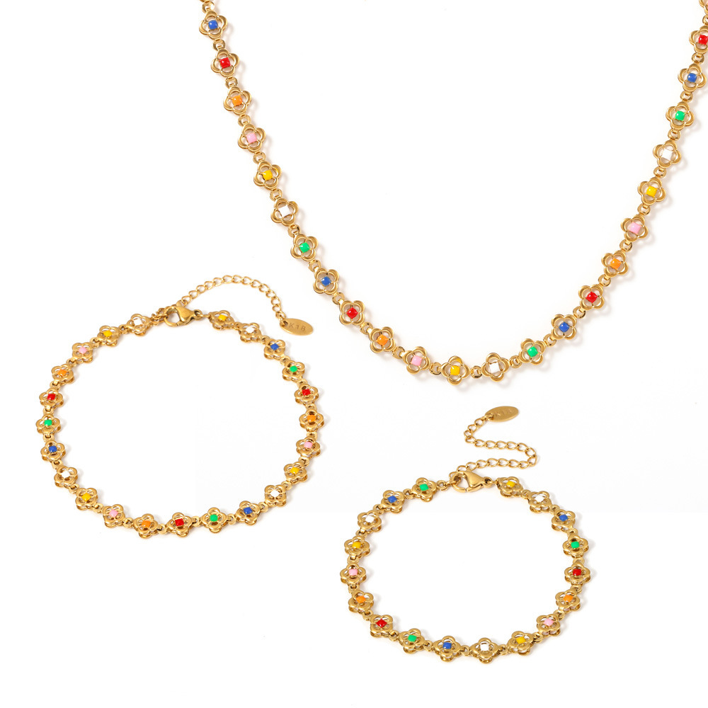 Square Sugar Stainless Steel Small Flower Handmade Chain Drip Oil Colored Heavy Industry Necklace Bracelet Foot Chain Set_voghion.com