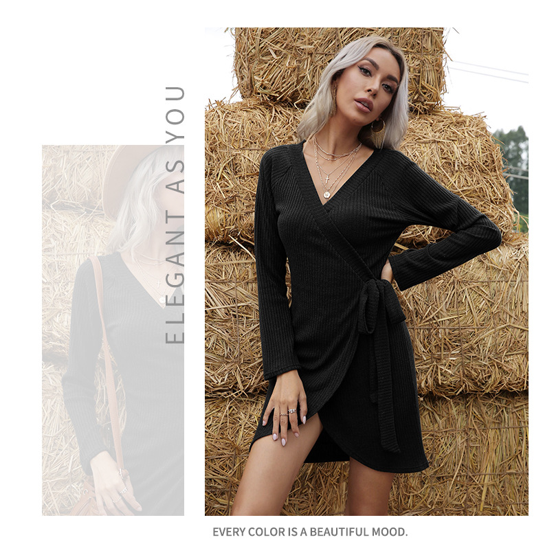 Robe pull une pièce à col en V et manches longues de couleur unie_voghion.com