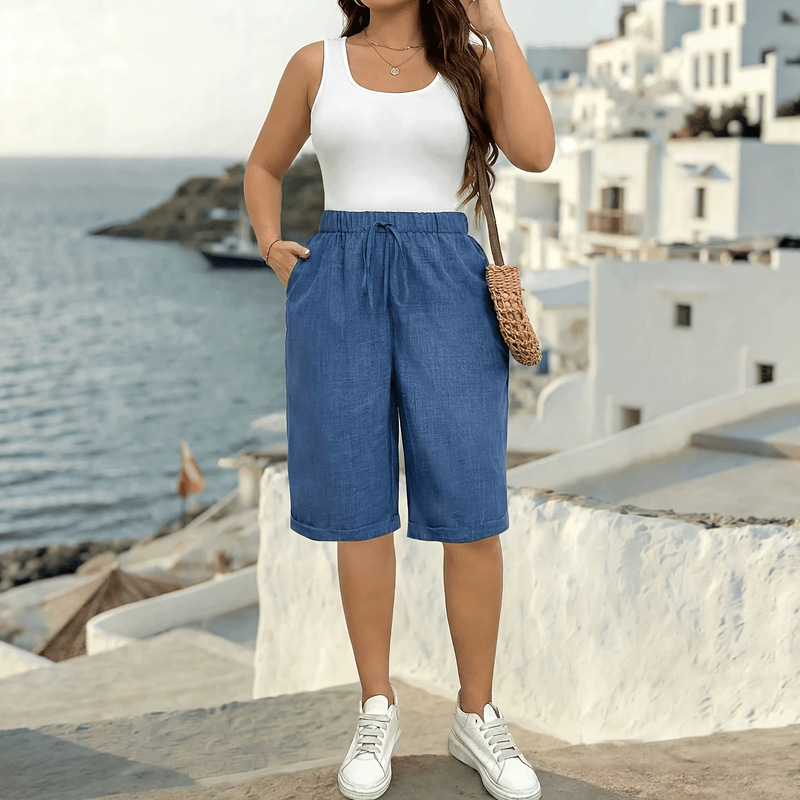 Cross-border European and American summer fashion faux denim elastic waist knee-length Bermuda shorts with drawstring pockets for vacation and beach wear Cross-border European and American summer fashion faux denim elastic waist knee-length Bermuda shorts with drawstring pockets for vacation and beach wear
