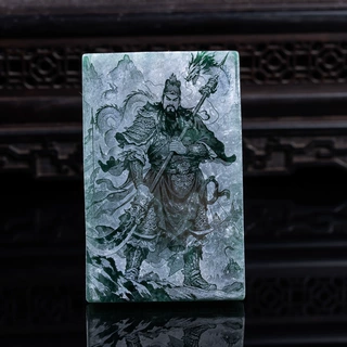 天然A货翡翠关公蓝水料双面精工影雕高冰种老玉石吊坠挂件玉佩