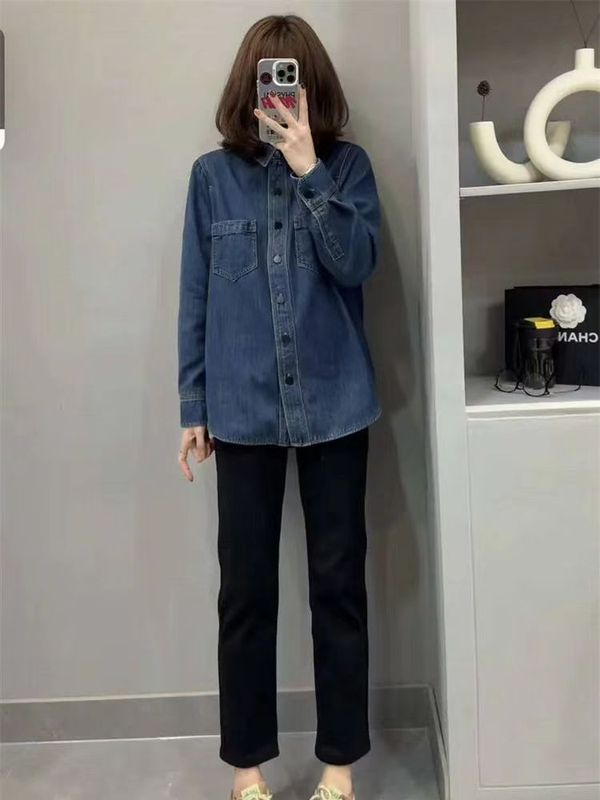 复古水洗牛仔衬衫女秋冬季复古港风轻奢加厚叠穿打底内搭衬衣上衣|undefined