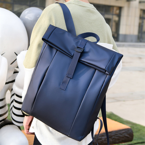 Korean Style Fashion Men's Backpack with Roll-Top Large Capacity Student Bag, Unisex Solid Color Waterproof Outdoor Backpack