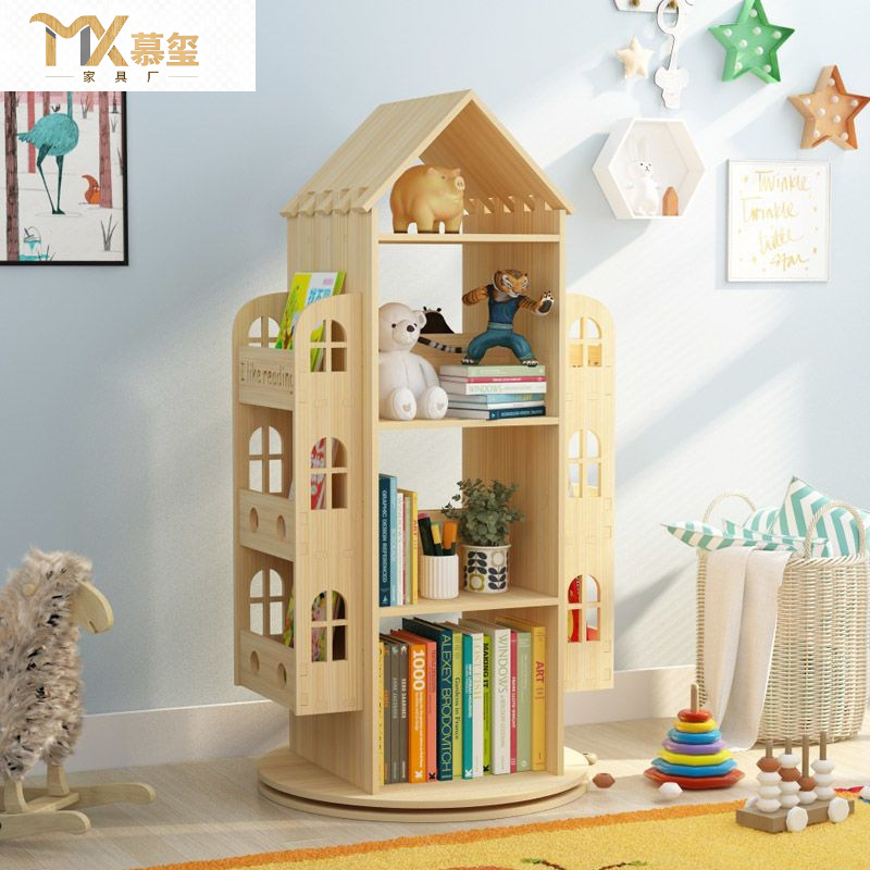 Solid Wood 360-Degree Rotating Bookshelf Kidsren's Picture Book Shelf Simple Floor-Standing Toy Storage Bookcase Storage Rack Bedside Table