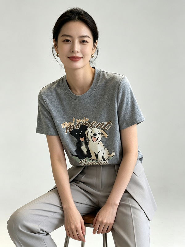 In stock 2026 summer round neck printed short-sleeve T-shirt, loose and versatile, cute puppy pattern top, gray 1488 In stock 2026 summer round neck printed short-sleeve T-shirt, loose and versatile, cute puppy pattern top, gray 1488