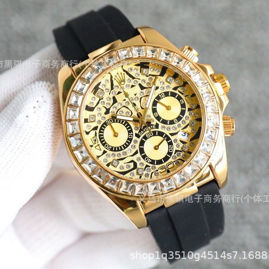 2025 Fashion Lau Brand Full Function Quartz Three Eyes Six Pin Full Diamond Tape Watch Men's Quartz Watch