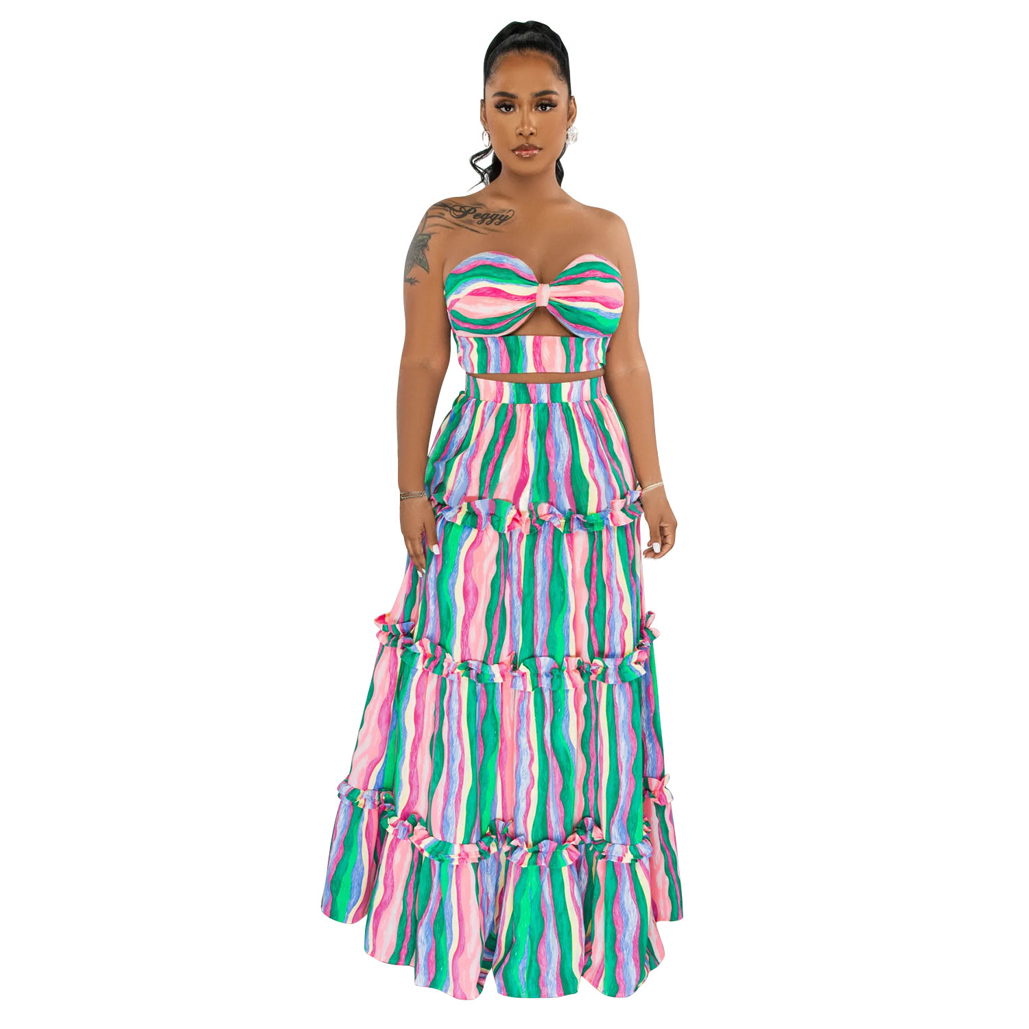 X6646 transfronteriza AliExpress Amazon moda europea y americana de las mujeres sin mangas tubo superior a rayas vestido impreso conjunto de dos piezas