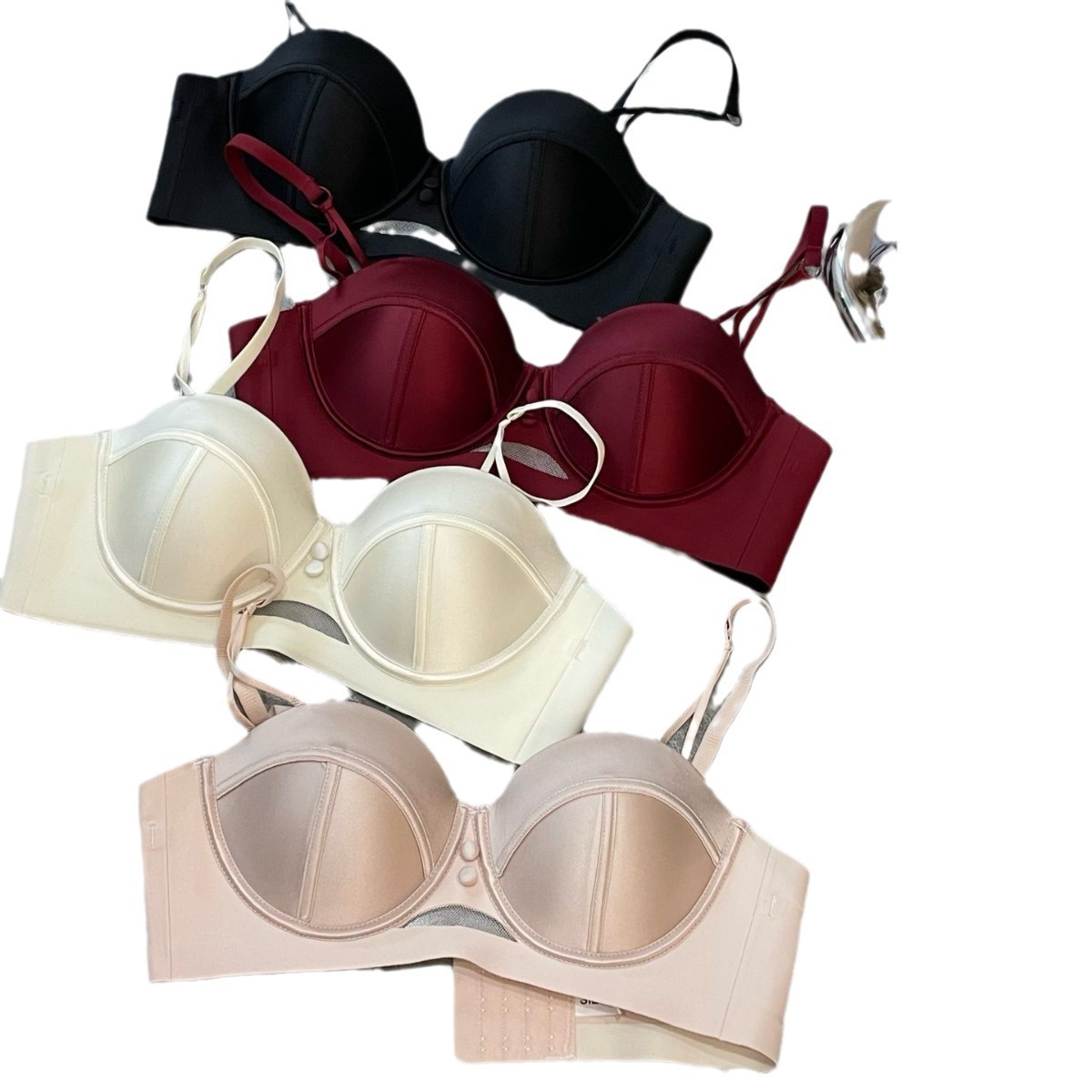 2898 Taza de masaje de pecho pequeño de satén nacarado de alta gama francesa, ropa interior súper fruncida, sujetador anti-flacidez superior para mujer