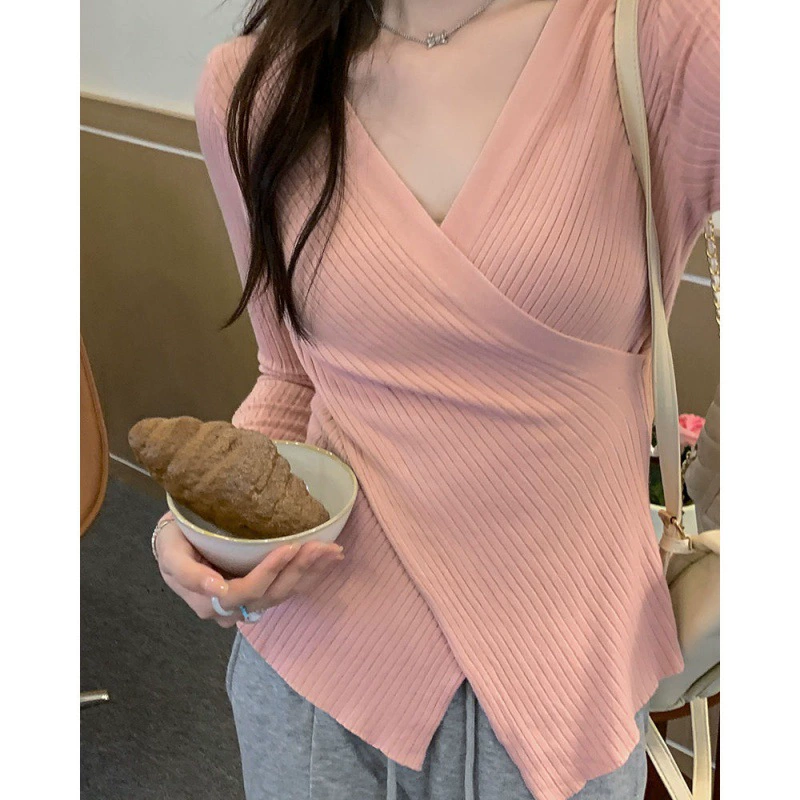 Трикотажная нижняя рубашка Женская Осенняя розовая горячая девушка с V-образным вырезом сексуальный перекрестный свитер тонкий стройнящий с длинным рукавом внутренний топ