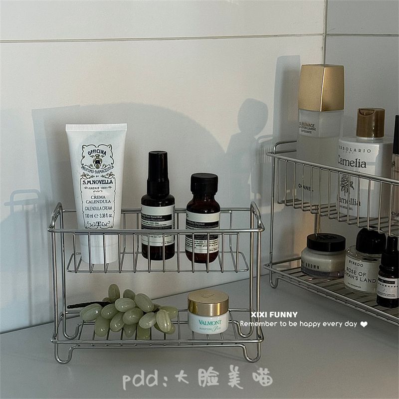 Stainless Steel Double-Layer Storage Rack Bathroom Desktop Drain Rack Bathroom Skin Care Products Kitchen Seasoning Water Cup Storage Basket